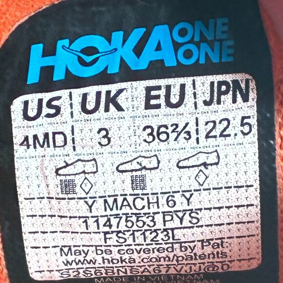 Hoka Mach 6 Orange Red Kids Running Shoes Sneakers 1147553 PYS Youth Size 4MD - Picture 11 of 12